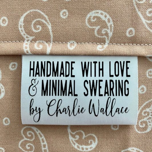 Personalized satin quilt label made with love and minimal swearing funny sewing label by Jammin Threads