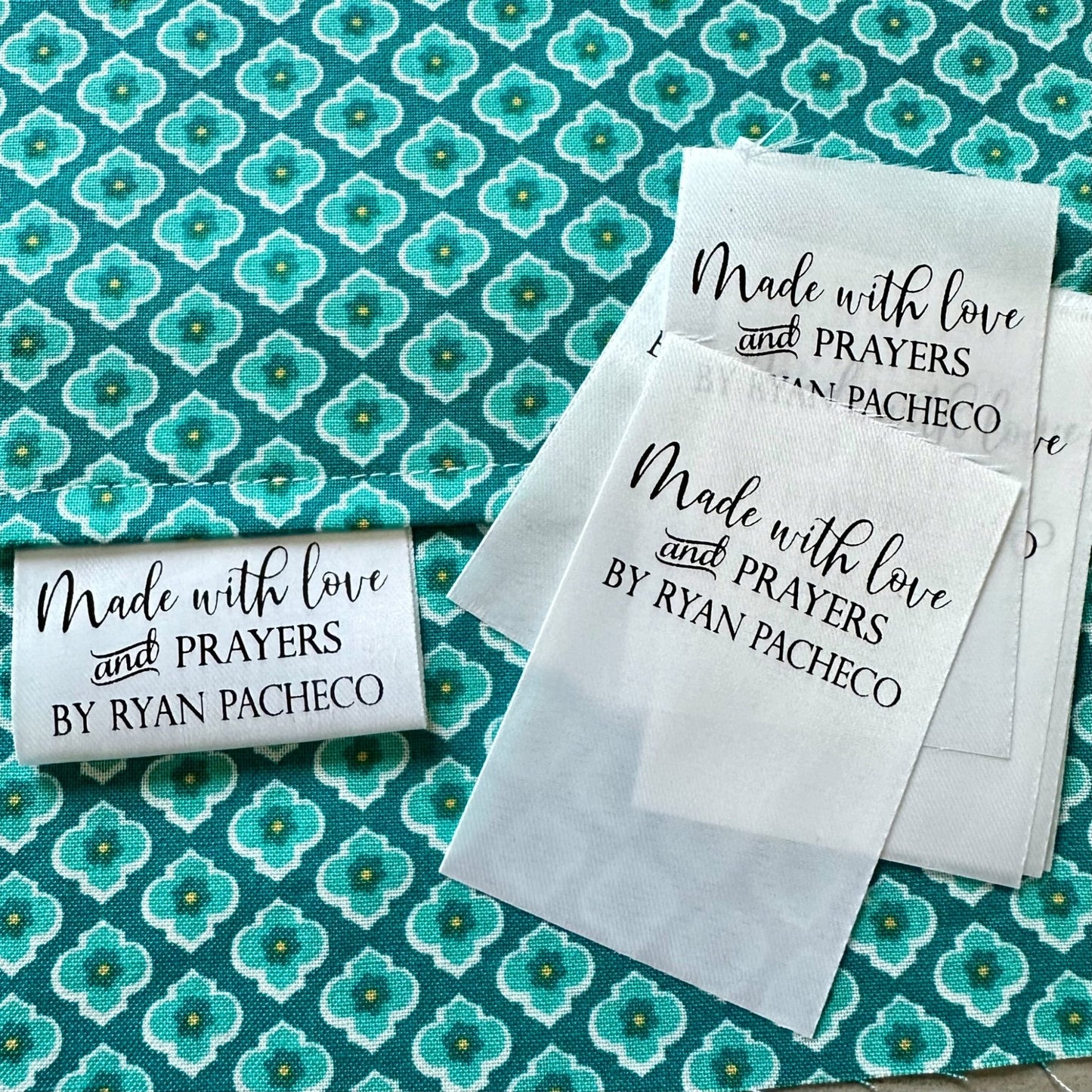 Made with Love and Prayer. Inspirational satin labels for sewing and quilting - Jammin Threads