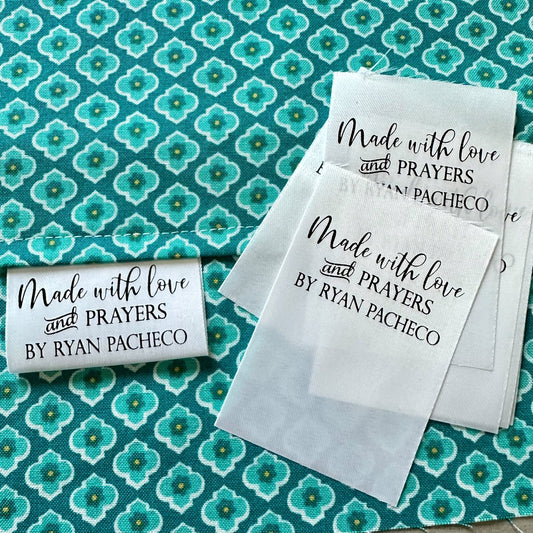 Made with Love and Prayer. Inspirational satin labels for sewing and quilting - Jammin Threads