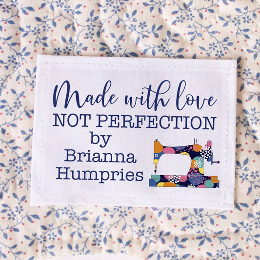 Made with Love Not Perfection. Modern sewing machine quilt labels- Jammin Threads