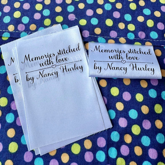 Memories Stitched with Love. Personalized satin quilt labels and tags - Jammin Threads