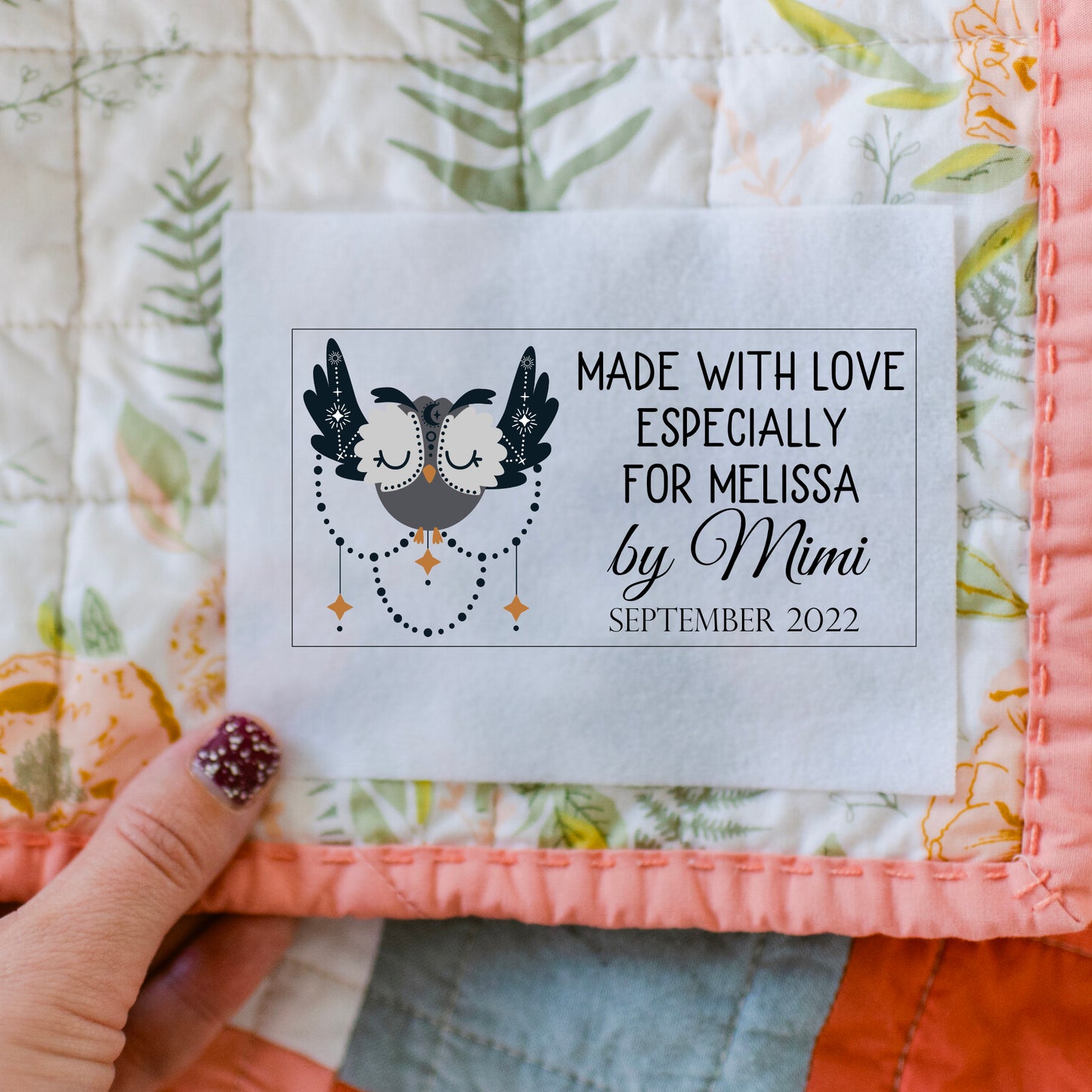 custom boho owl quilt label