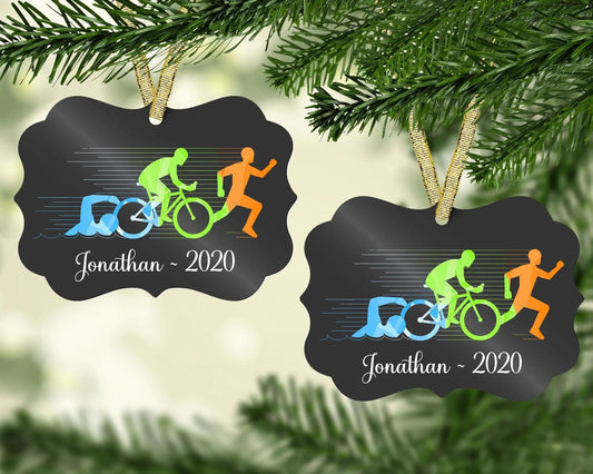 Triathlon Christmas Ornament - Personalized with the triathletes name and the year - Jammin Threads