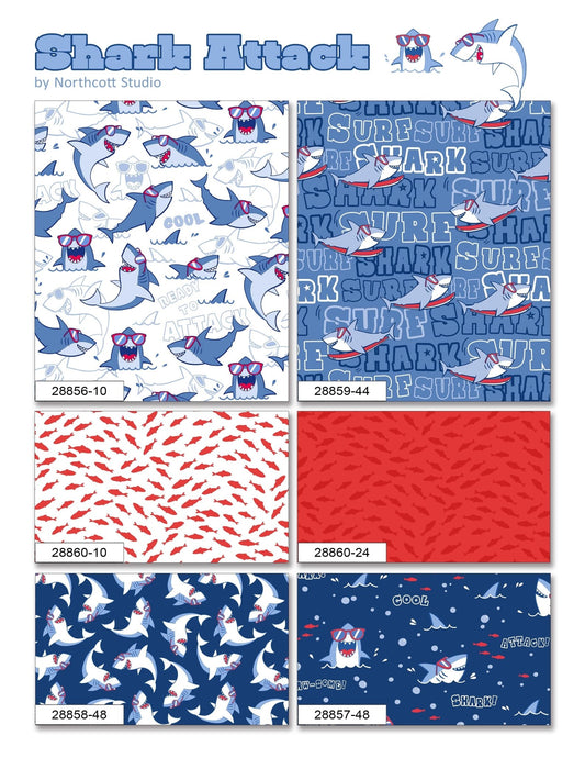 Shark Attack Fabric Collection by Northcott – Kids Shark Quilting Fabric, Ocean Theme Cotton, Boys Quilt Fabric, Shark Prints