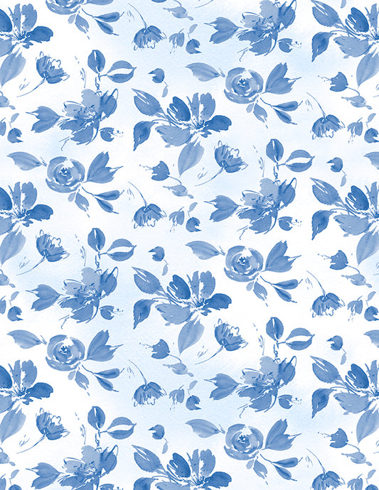 Dreaming in Blue Quilt Fabric. Toss Flowers White. 3060 36274 104