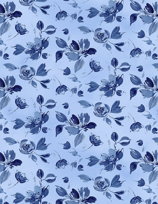 Dreaming in Blue Quilt Fabric -Tossed Flowers Medium Blue. 3060 36274 404