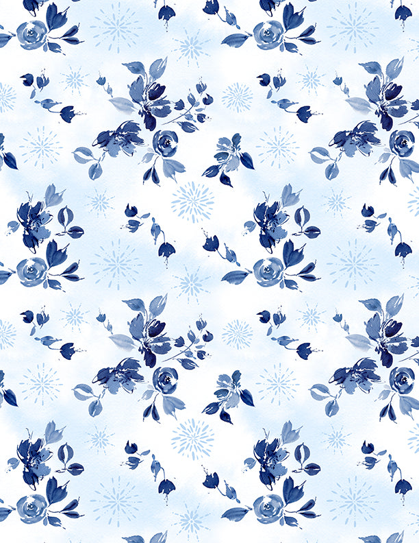 Dreaming in Blue Quilt Fabric. Bouquet Toss White. 3060 36275 140