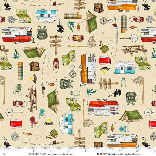 Happy Campers Camping Supplies Quilt Fabric by Sharon Kuplack for Henry Glass