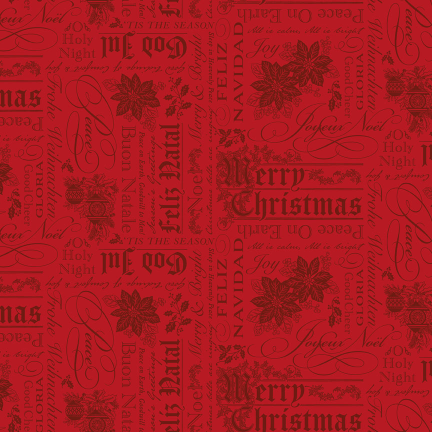 Poinsettias at Christmas Quilt Fabric Text Red C17632-RED