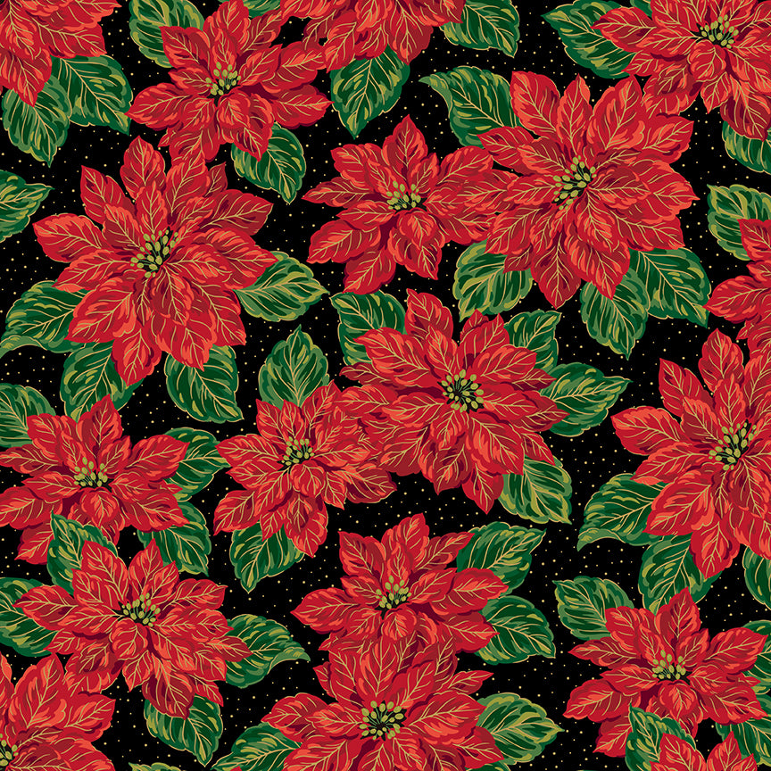 Poinsettias at Christmas Quilt Fabric Main Black Foil CF17630-BLACK