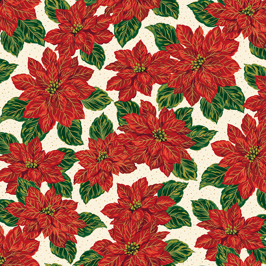 Poinsettias at Christmas Quilt Fabric Main Cream Foil CF17630-CREAM