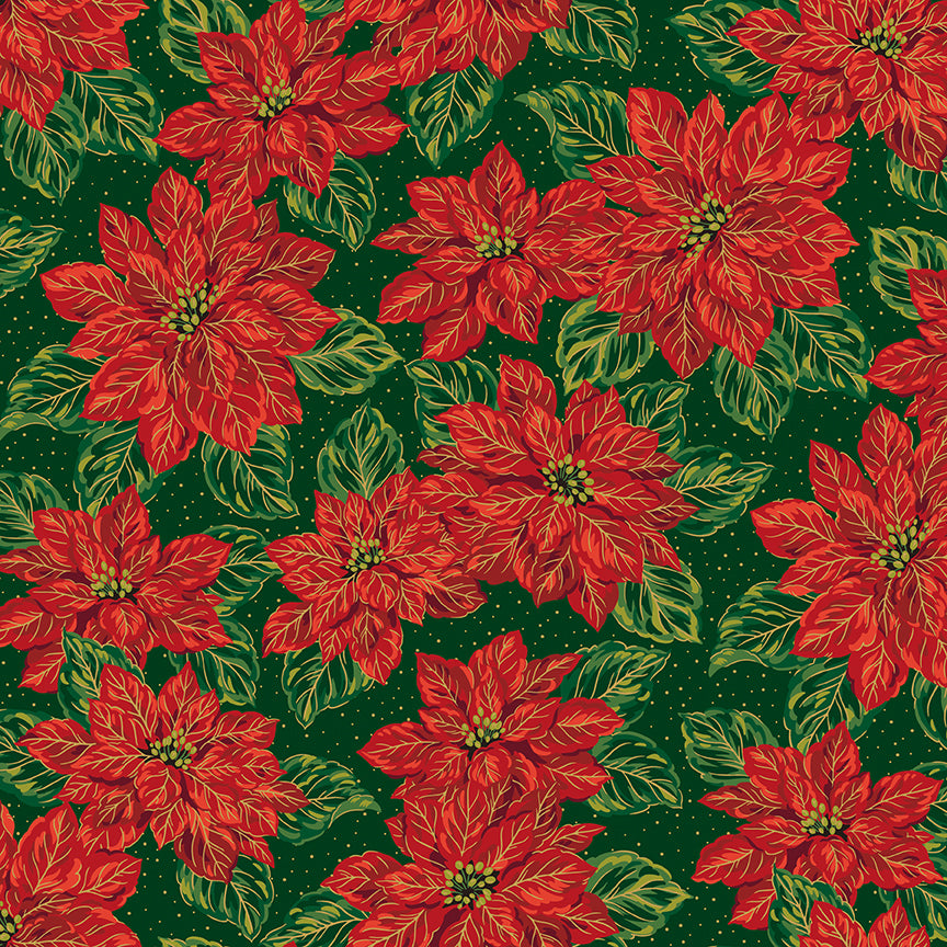 Poinsettias at Christmas Quilt Fabric Main Green Foil CF17630-GREEN