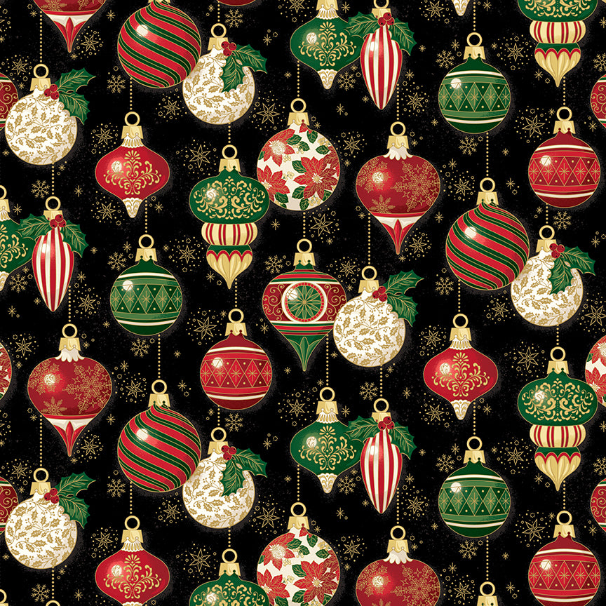 Poinsettias at Christmas Quilt Fabric Ornaments Black Foil CF17631-BLACK