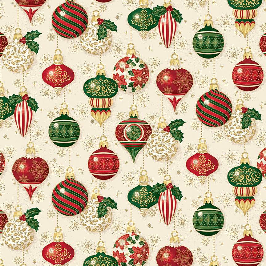 Poinsettias at Christmas Quilt Fabric Ornaments Cream Foil CF17631-CREAM