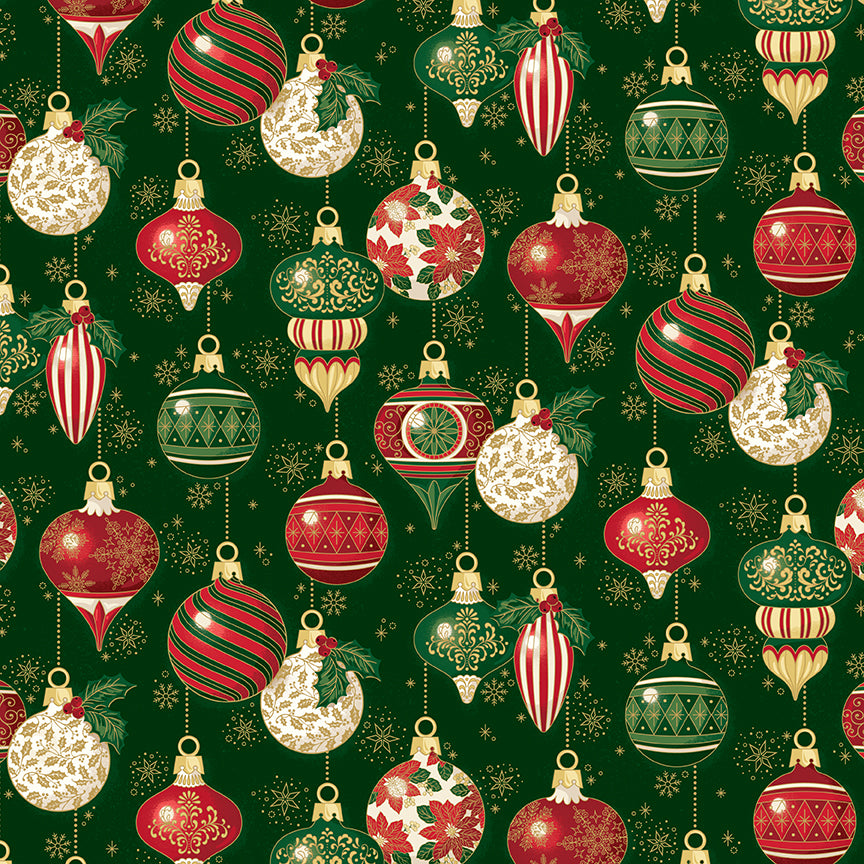 Poinsettias at Christmas Quilt Fabric Ornaments Green Foil CF17631-GREEN