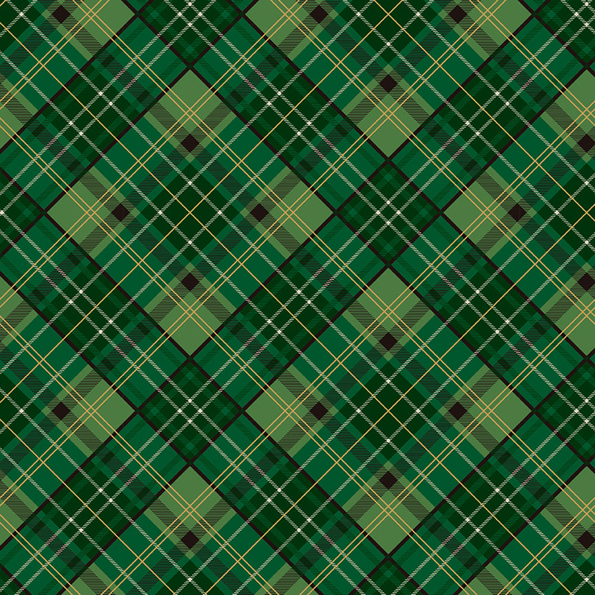 Poinsettias at Christmas Quilt Fabric Plaid Green Foil CF17633-GREEN