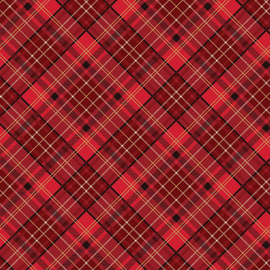 Poinsettias at Christmas Quilt Fabric Plaid Red Foil CF17633-RED