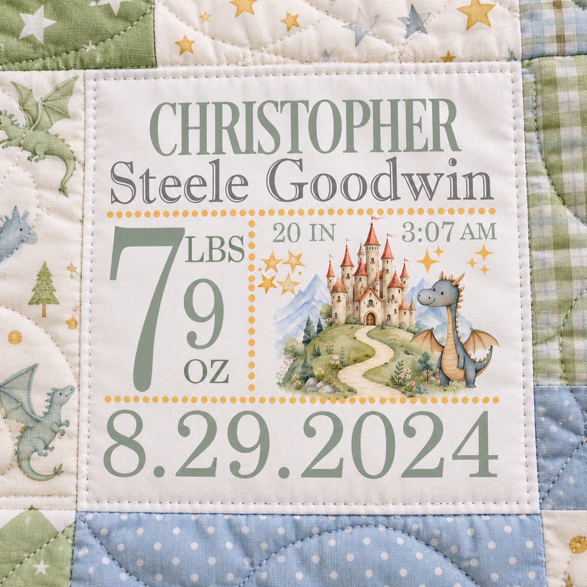Personalized dragon and castle birth announcement quilt label featuring watercolor castle, baby dragon, and baby's birth statistics in sage green and gold.