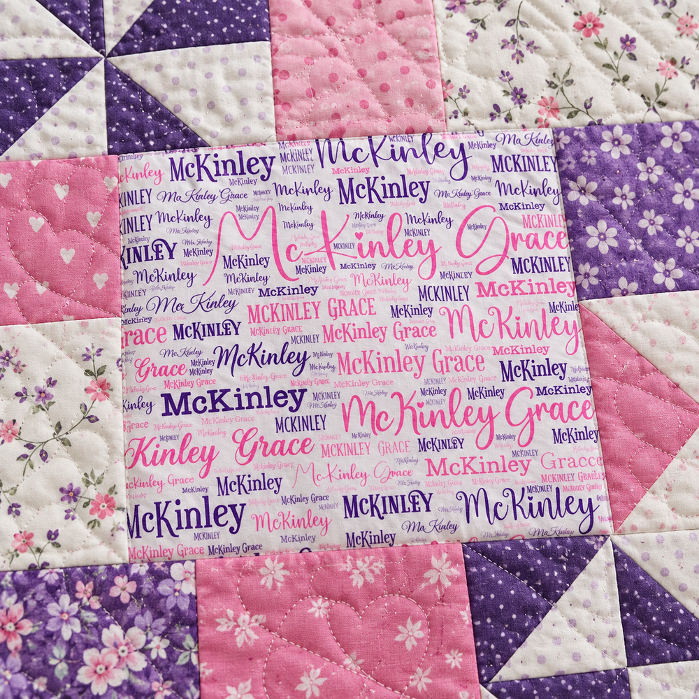 Custom Name Fabric Panel – 12x18" Personalized Print pink and purple lettering on white