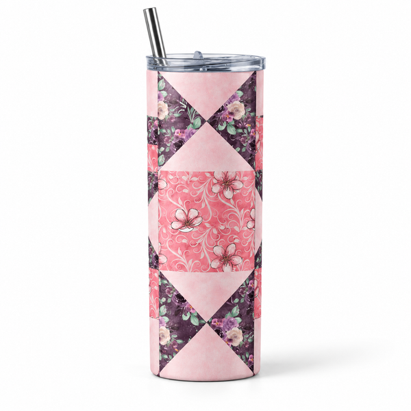 Pink Quilt Pattern 20 oz Skinny Tumbler – Insulated Stainless Steel Quilter Gift