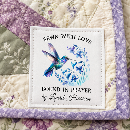 Made with Love Bound in Prayer Personalized Hummingbird Quilt Label | 2.5x2.75" Custom Quilt Tag