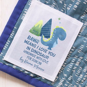 Personalized Dinosaur Quilt Label – “Rawr Means I Love You” Baby Quilt Tag – Custom Name, Maker & Year