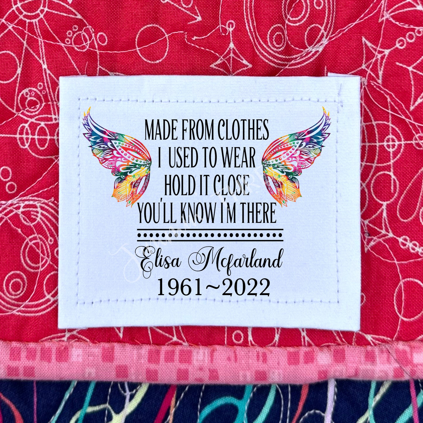 Memory quilt labels with multi-colored wings. 4 x 3" Personalized