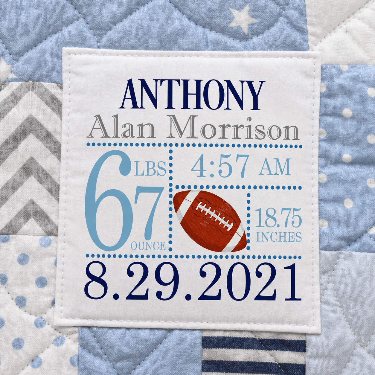 Personalized Football Baby Birth Announcement Quilt Label