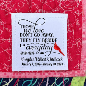 Personalized Memory Quilt Label with Cardinal – Memorial Quilt Label – Those We Love Never Go Away – Custom Name & Dates | Jammin’ Threads