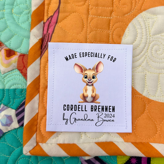 Personalized Baby Quilt Label with Kangaroo – Custom “Made Especially For” Quilt Label – Kids Quilt Label with Name & Year | Jammin’ Threads