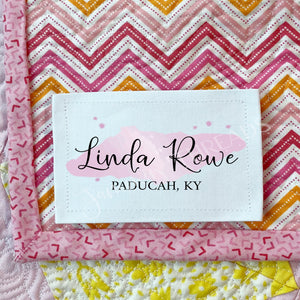 Personalized Pink Watercolor Quilt Label, Custom Maker Name Quilt Tag with Location, Cotton or Polyester Sewing Label