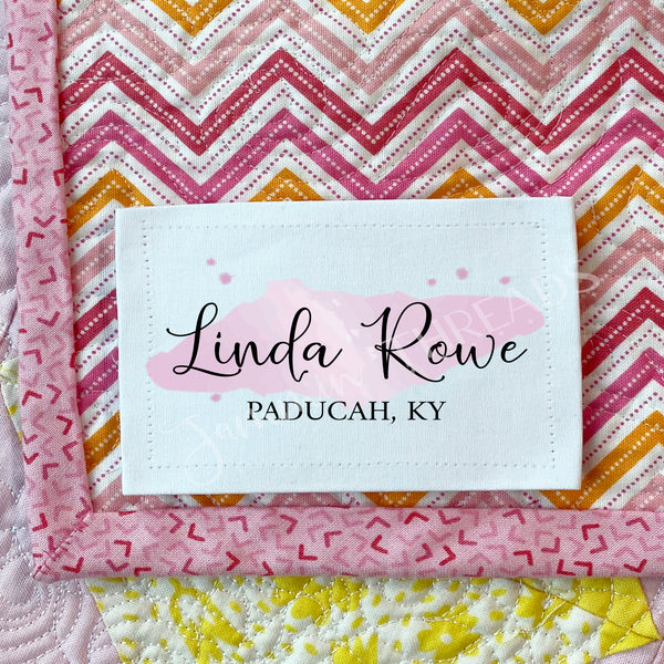 Personalized Pink Watercolor Quilt Label, Custom Maker Name Quilt Tag with Location, Cotton or Polyester Sewing Label