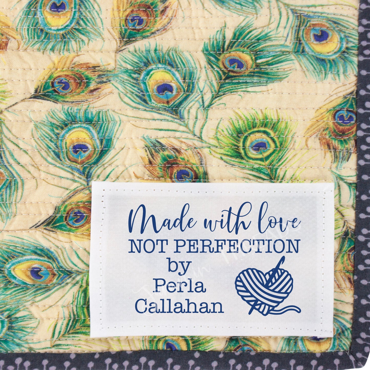 Made with Love Not Perfection. Modern crochet labels in blue