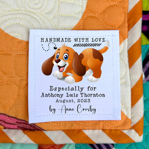Personalized Kids Quilt Label with Cute Puppy – Custom Handmade Quilt Tag