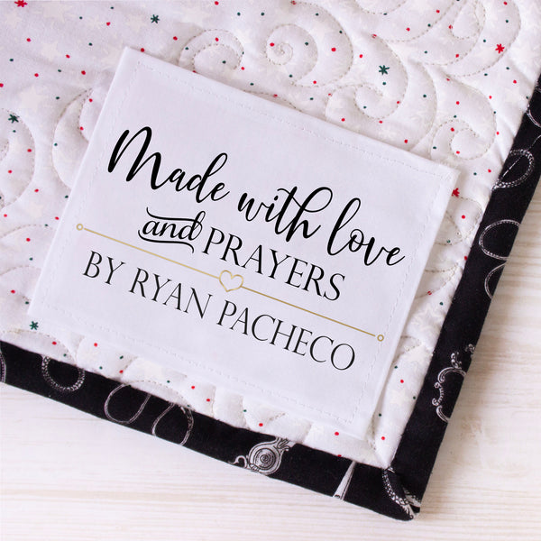 Personalized “Made With Love & Prayers” Quilt Labels – Custom Quilt Label with Maker Name – 8 Fabric Labels per Sheet