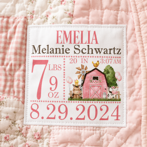 Personalized Baby Birth Announcement Quilt Label or Quilt Block – Pink Farm