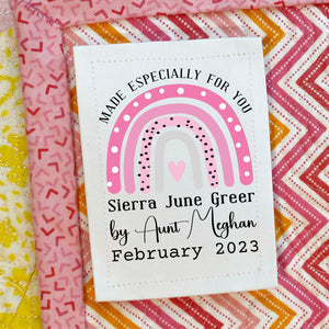 Personalized Baby Quilt Label with Pink Rainbow – Custom “Made Especially for You” Quilt Label – Name, Date & Maker – 3" x 3.75"