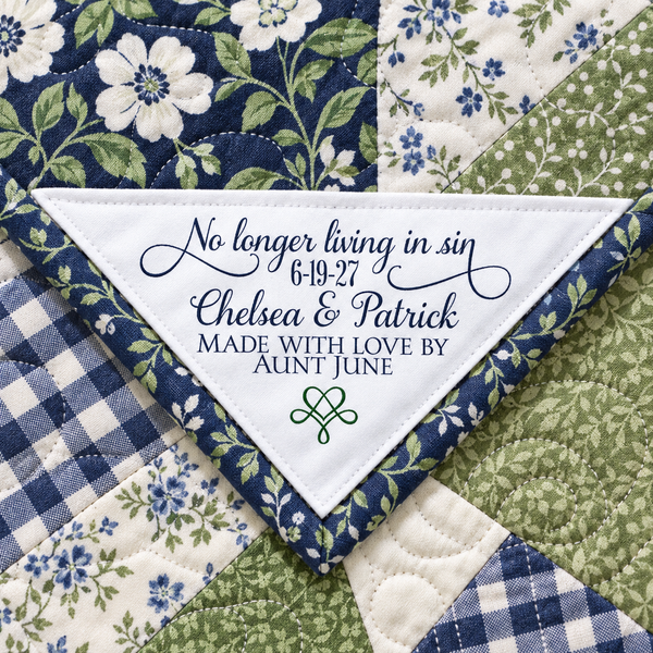 Funny wedding quilt label