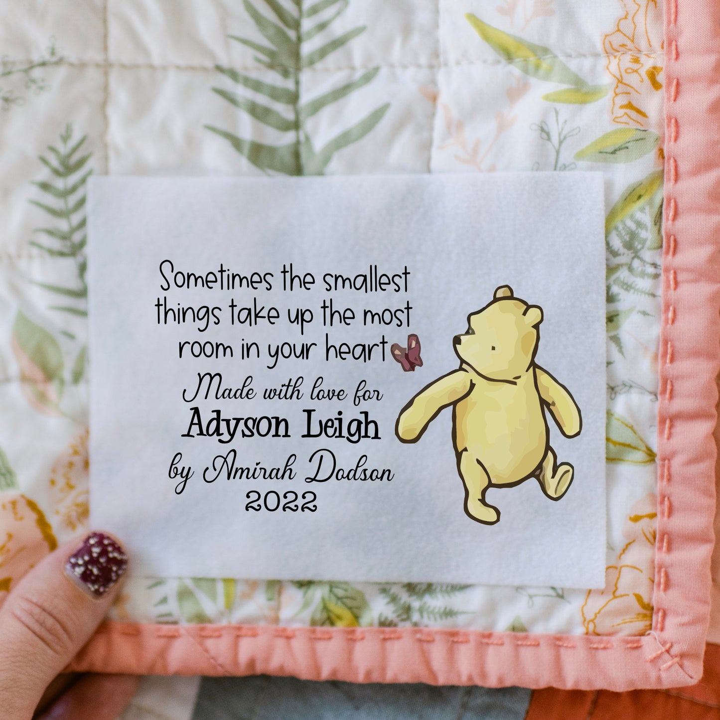 Sometimes the smallest things take up the most room in your heart. Bear baby quilt label