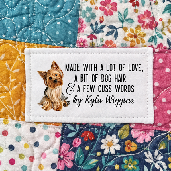 Funny quilt label with Yorkshire Terrier