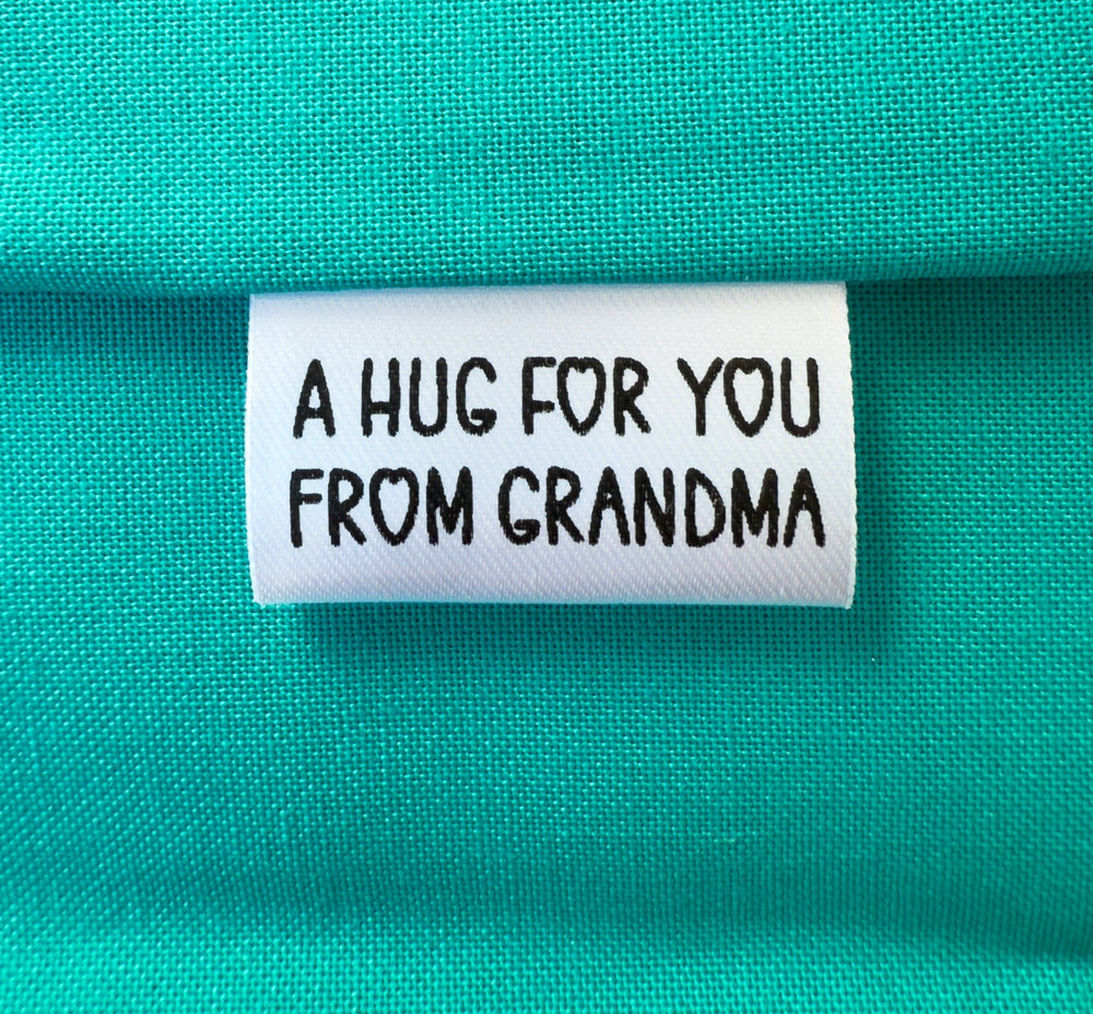 “A Hug for You” Tiny Personalized Satin Quilt Tag • 1" x 0.5" • Add Maker’s Name - Jammin Threads
