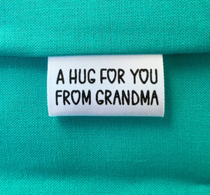 “A Hug for You” Tiny Personalized Satin Quilt Tag • 1" x 0.5" • Add Maker’s Name - Jammin Threads