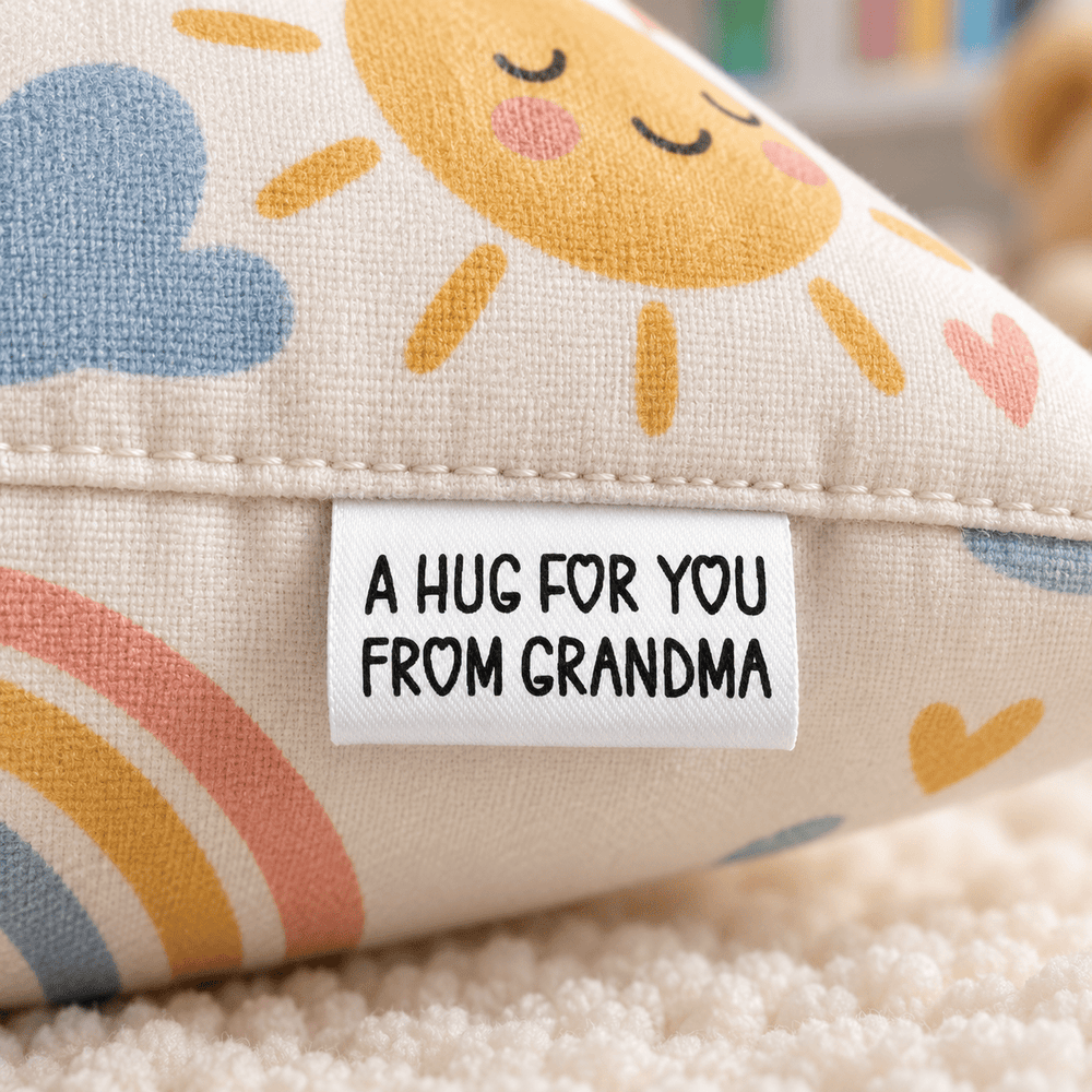 “A Hug for You” Tiny Personalized Satin Quilt Tag - Jammin Threads