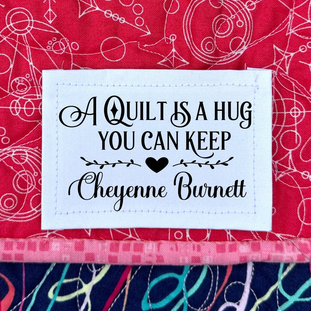 Personalized Quilt Label – “A Quilt is a Hug You Can Keep” – Custom Maker Name – 8 Per Sheet – 2.25” x 1.25” Cotton or Poly - Jammin Threads
