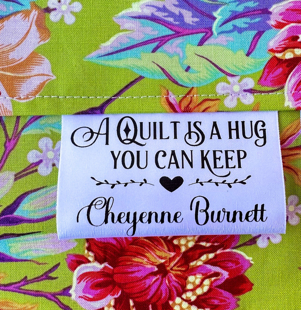 Personalized Satin Quilt Tag – “A Quilt Is a Hug You Can Keep” – Custom Maker Name – Sew - In Quilt Label – 2" x 1" Folded – Set of 25 - Jammin Threads