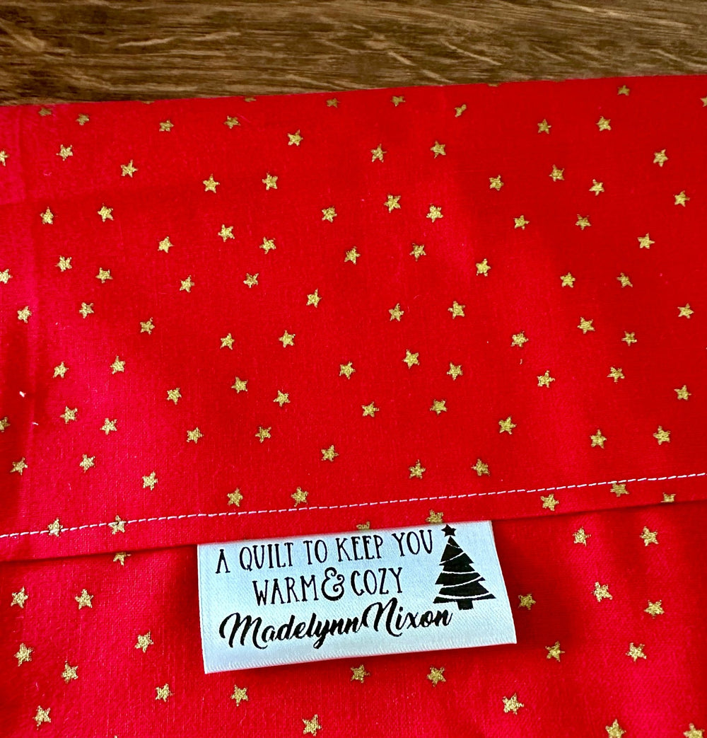 Personalized Christmas Satin Quilt Tags | “A Quilt to Keep You Warm & Cozy” Fold-Over Quilt Labels - Jammin Threads