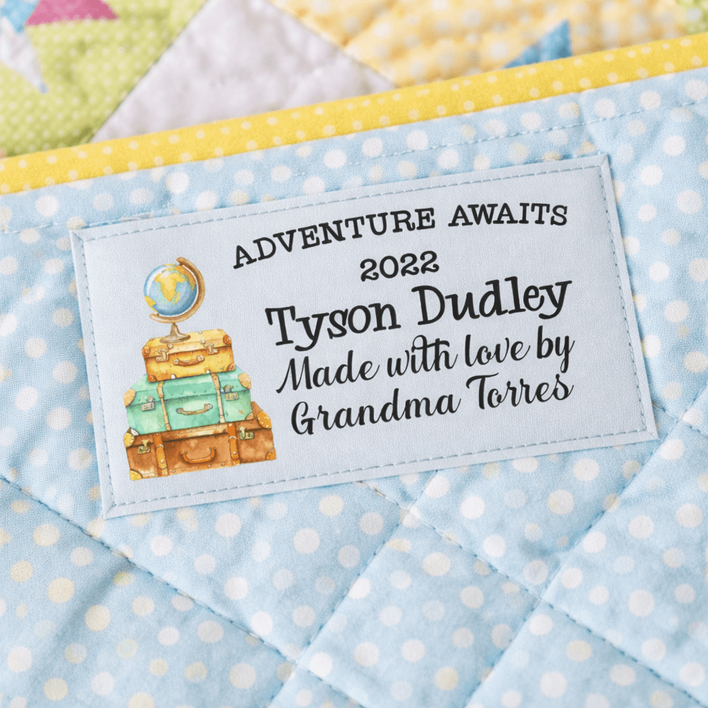 Adventure Awaits Quilt Label – Personalized Children’s Quilt Label with Name, Date & Maker – Travel Theme Luggage Quilt Tag - Jammin Threads