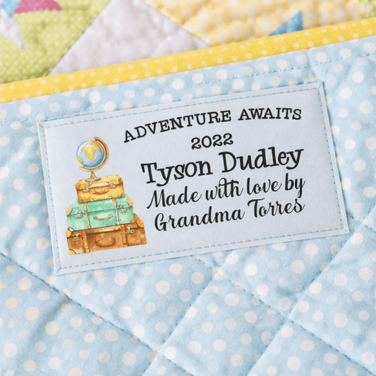 Adventure Awaits Quilt Label – Personalized Children’s Quilt Label with Name, Date & Maker – Travel Theme Luggage Quilt Tag - Jammin Threads