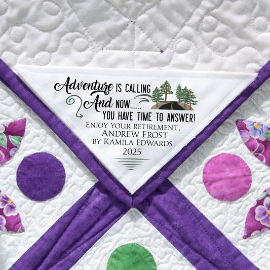 Adventure Is Calling • Retirement Quilt Corner Label • Personalized with Name, Maker & Year - Jammin Threads