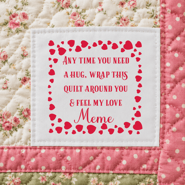 Anytime You Need a Hug Personalized Quilt Label – Red Heart Frame - Jammin Threads